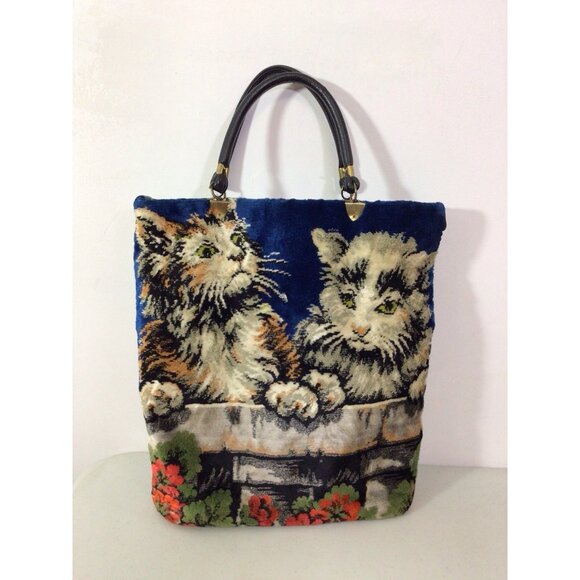 Antique Large Cat Print Tapestry Tote Shoulder Bag - Picture 1 of 8